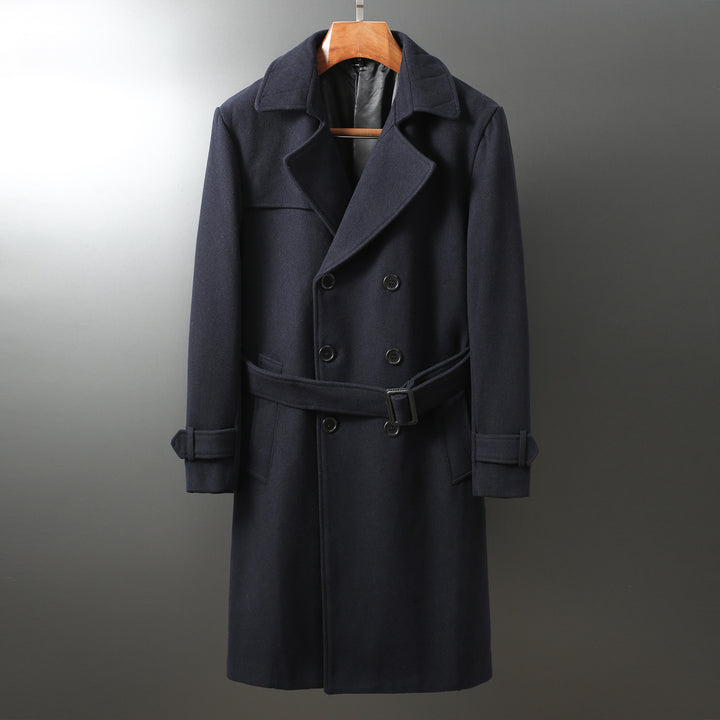 Men's Maxi Long Wool Coat in Trench Look with Double-Breasted Button Placket and Tie Belt Mune Fashion