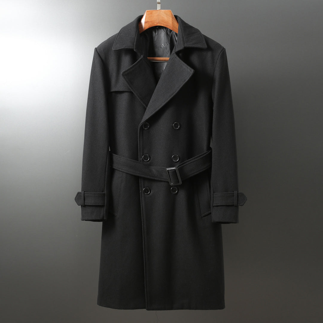 Men's Maxi Long Wool Coat in Trench Look with Double-Breasted Button Placket and Tie Belt Mune Fashion