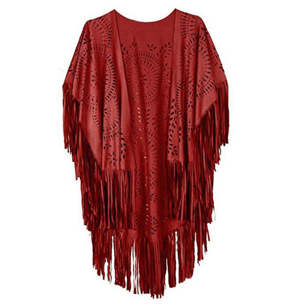 Women Fringe Poncho made of Suede Imitation with Laser Cut Mandala Design Mune Fashion