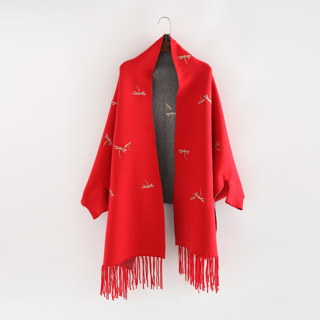 Women Embroidered Wool Blend Wrap with Dragonfly Embroidery and Fringed Hem Mune Fashion
