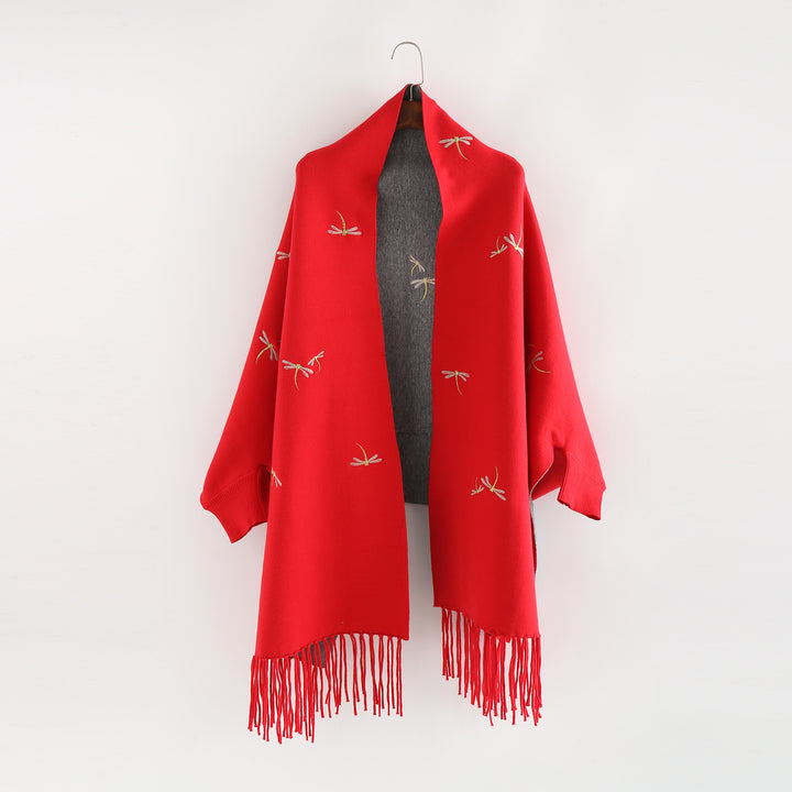 Women Embroidered Wool Blend Wrap with Dragonfly Embroidery and Fringed Hem Mune Fashion