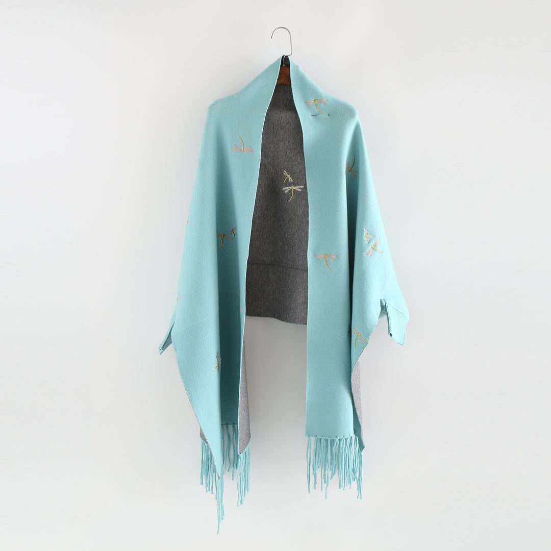 Women Embroidered Wool Blend Wrap with Dragonfly Embroidery and Fringed Hem Mune Fashion