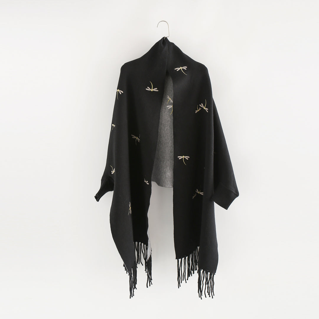 Women Embroidered Wool Blend Wrap with Dragonfly Embroidery and Fringed Hem Mune Fashion