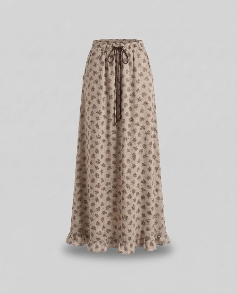 Women's Patterned Maxi Knitted Skirt with Drawstring and Ruffle Hem Mune Fashion