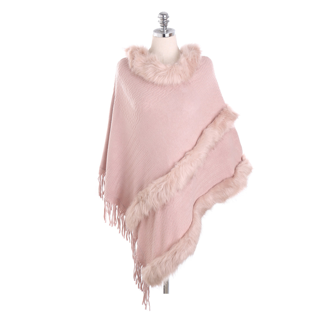 Women's Cozy Wool Blend Poncho with Faux Fur Trim and Fringes Mune Fashion