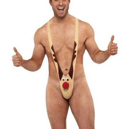 Men's novelty holiday reindeer mankini with playful antler pouch