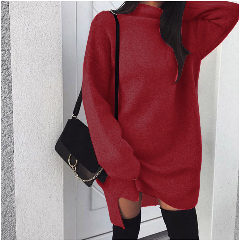 Women's oversized knitted dress with stand-up collar, dropped shoulders, and side thigh slit Mune Fashion