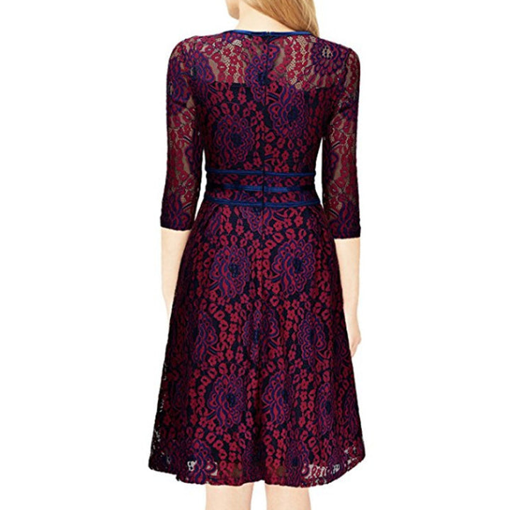 Women's Lace A-Line Knee-Length Dress with Sheer Top and Three-Quarter Sleeves Mune Fashion