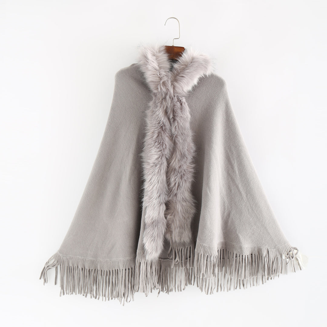 Women's Elegant Wool Blend Cape Poncho with Removable Faux Fur Trim and Fringed Hem Mune Fashion