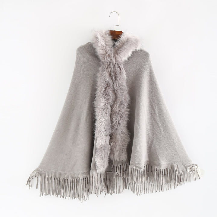 Women's Elegant Wool Blend Cape Poncho with Removable Faux Fur Trim and Fringed Hem Mune Fashion