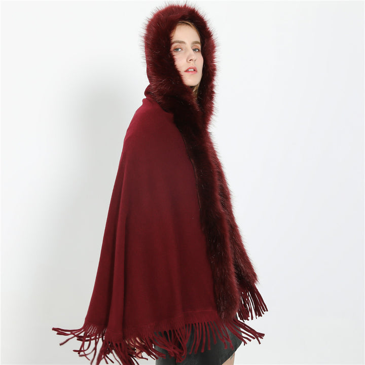 Women's Elegant Wool Blend Cape Poncho with Removable Faux Fur Trim and Fringed Hem Mune Fashion