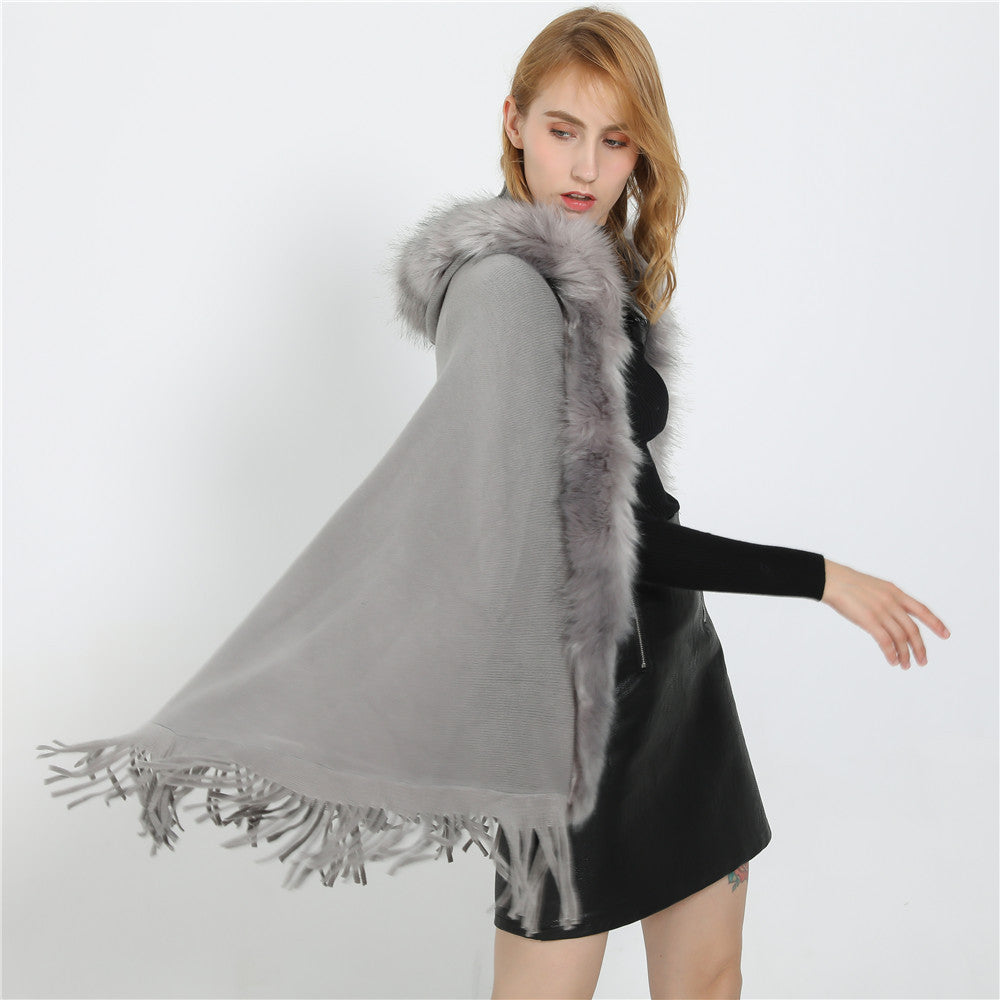 Women's Elegant Wool Blend Cape Poncho with Removable Faux Fur Trim and Fringed Hem Mune Fashion