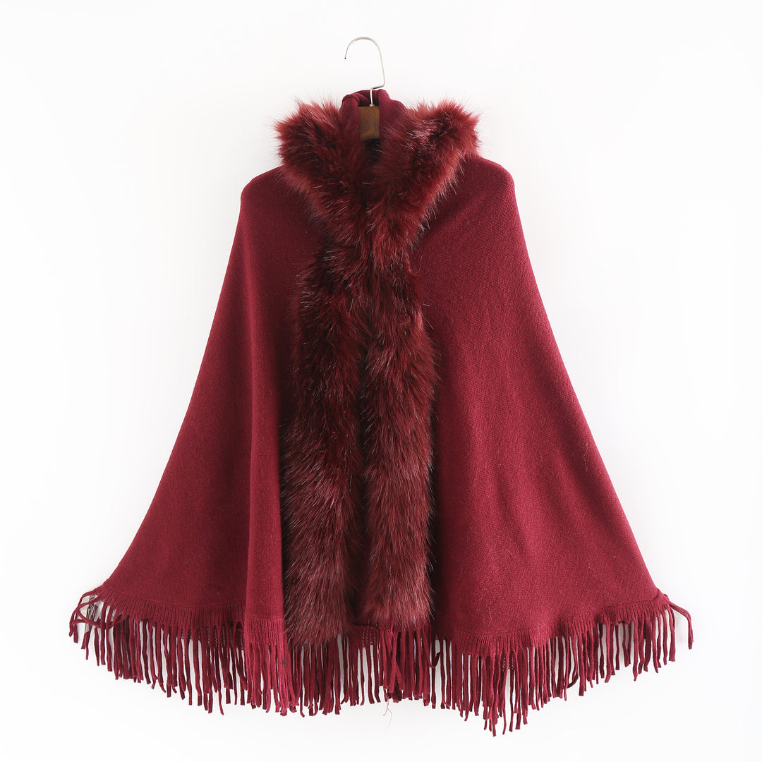 Women's Elegant Wool Blend Cape Poncho with Removable Faux Fur Trim and Fringed Hem Mune Fashion