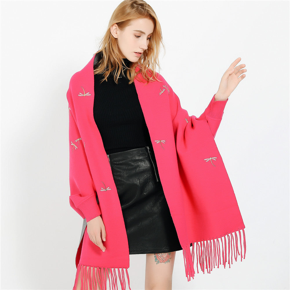 Women Embroidered Wool Blend Wrap with Dragonfly Embroidery and Fringed Hem Mune Fashion