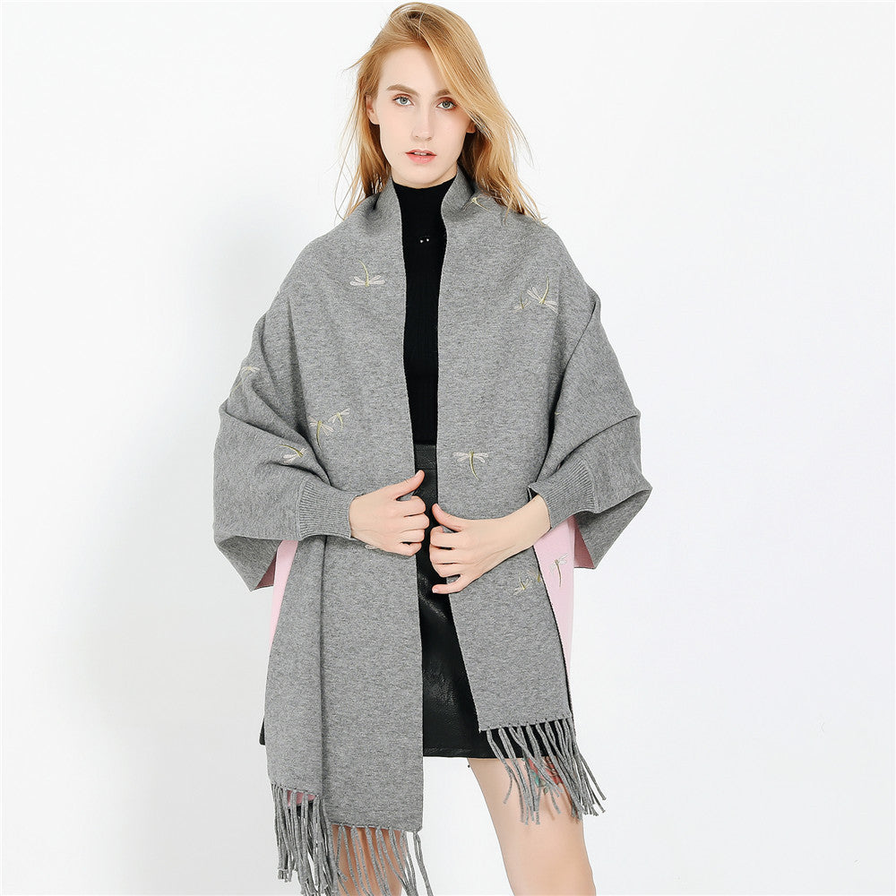 Women Embroidered Wool Blend Wrap with Dragonfly Embroidery and Fringed Hem Mune Fashion