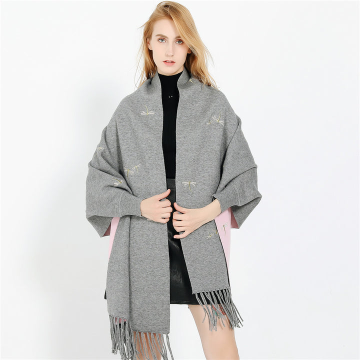 Women Embroidered Wool Blend Wrap with Dragonfly Embroidery and Fringed Hem Mune Fashion