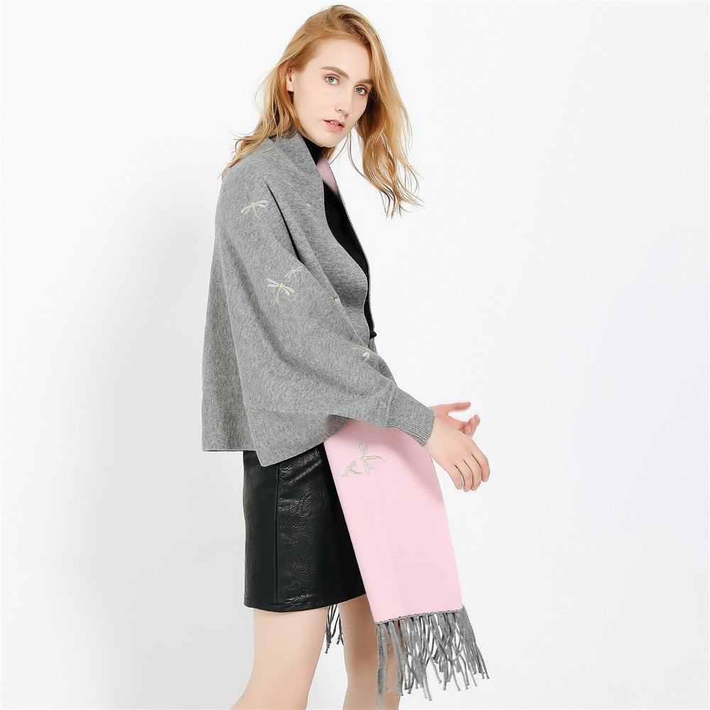 Women Embroidered Wool Blend Wrap with Dragonfly Embroidery and Fringed Hem Mune Fashion