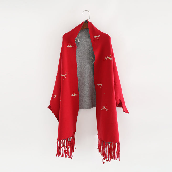Women Embroidered Wool Blend Wrap with Dragonfly Embroidery and Fringed Hem Mune Fashion