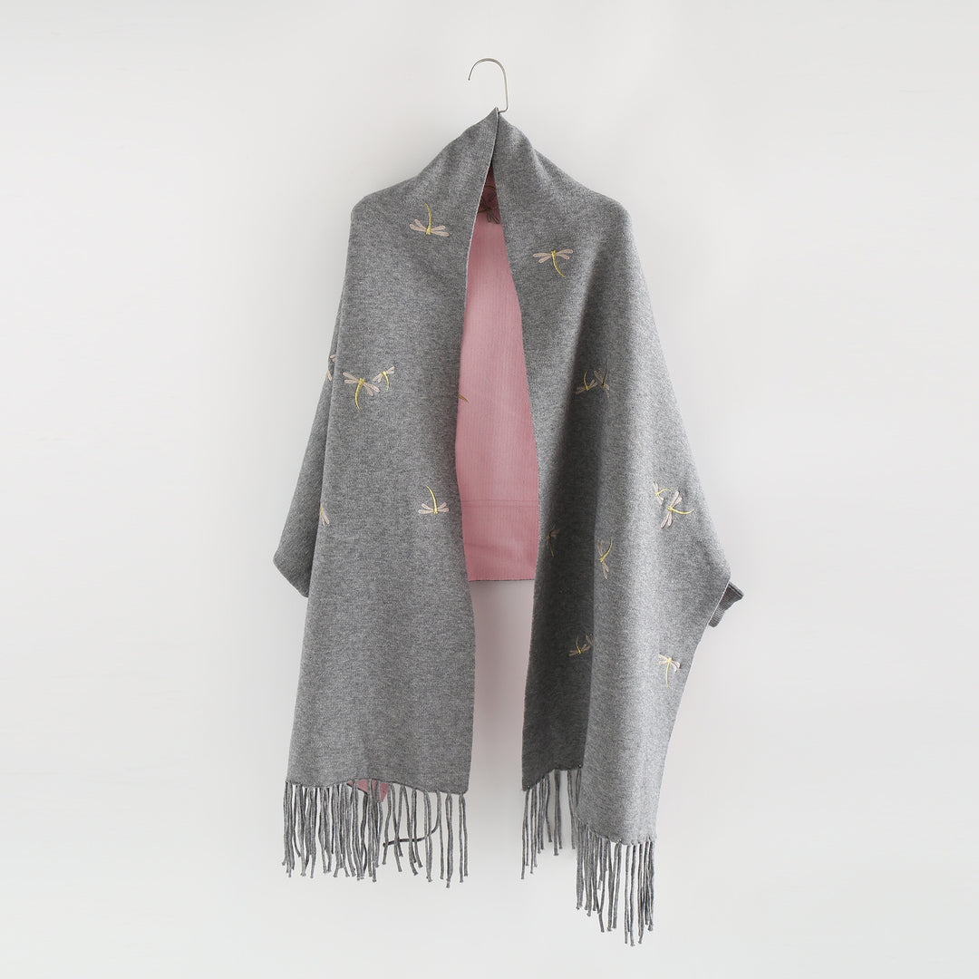 Women Embroidered Wool Blend Wrap with Dragonfly Embroidery and Fringed Hem Mune Fashion
