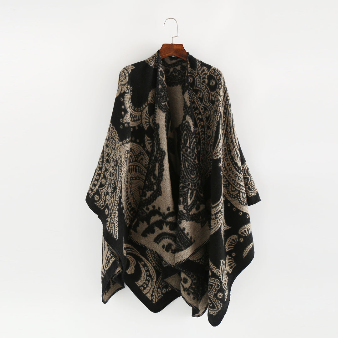Women's Oversize Ruana in Paisley Jacquard with Open Kimono Silhouette Mune Fashion