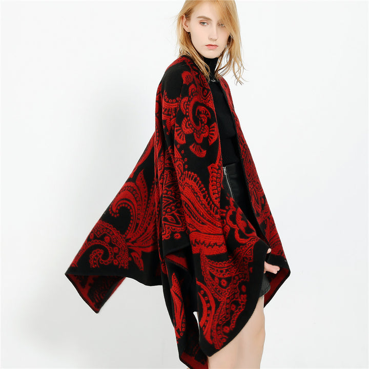 Women's Oversize Ruana in Paisley Jacquard with Open Kimono Silhouette Mune Fashion