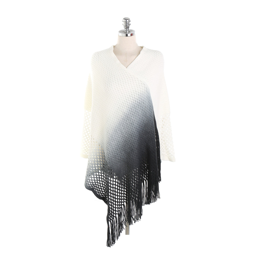 Women's Oversize Knit Ruana with Gradient Color, Lace Trim and Fringes Mune Fashion