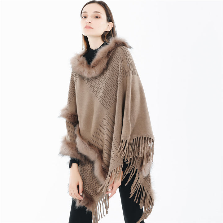 Women's Cozy Wool Blend Poncho with Faux Fur Trim and Fringes Mune Fashion