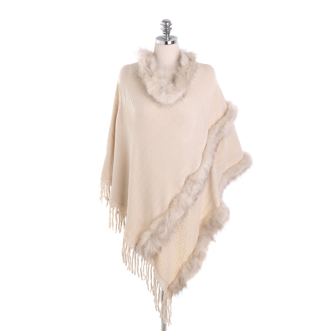 Women's Cozy Wool Blend Poncho with Faux Fur Trim and Fringes Mune Fashion