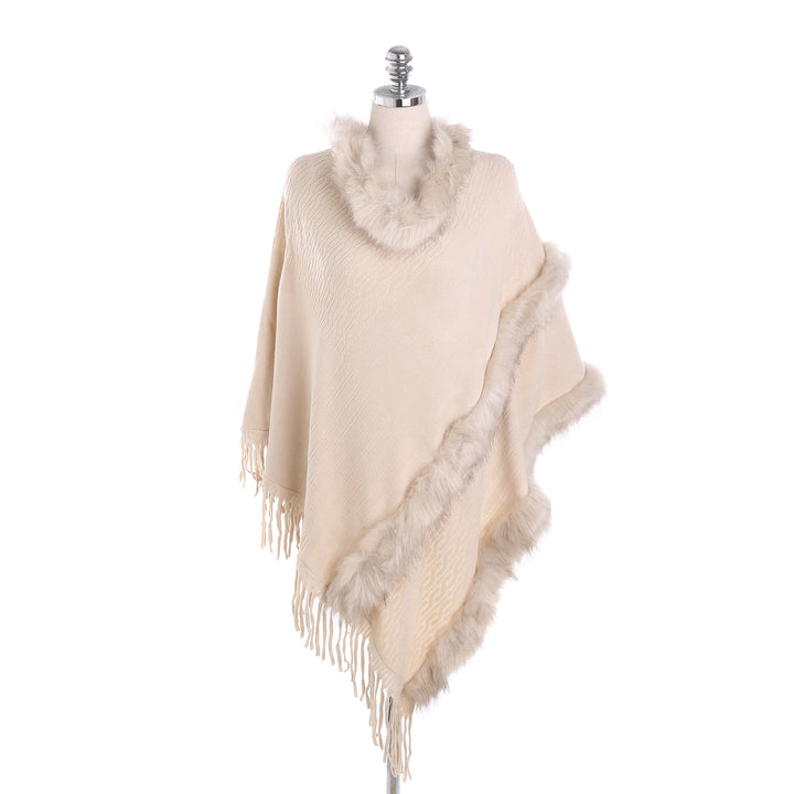 Women's Cozy Wool Blend Poncho with Faux Fur Trim and Fringes Mune Fashion