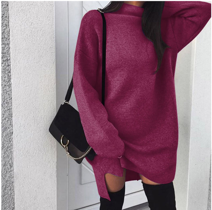 Women's oversized knitted dress with stand-up collar, dropped shoulders, and side thigh slit Mune Fashion