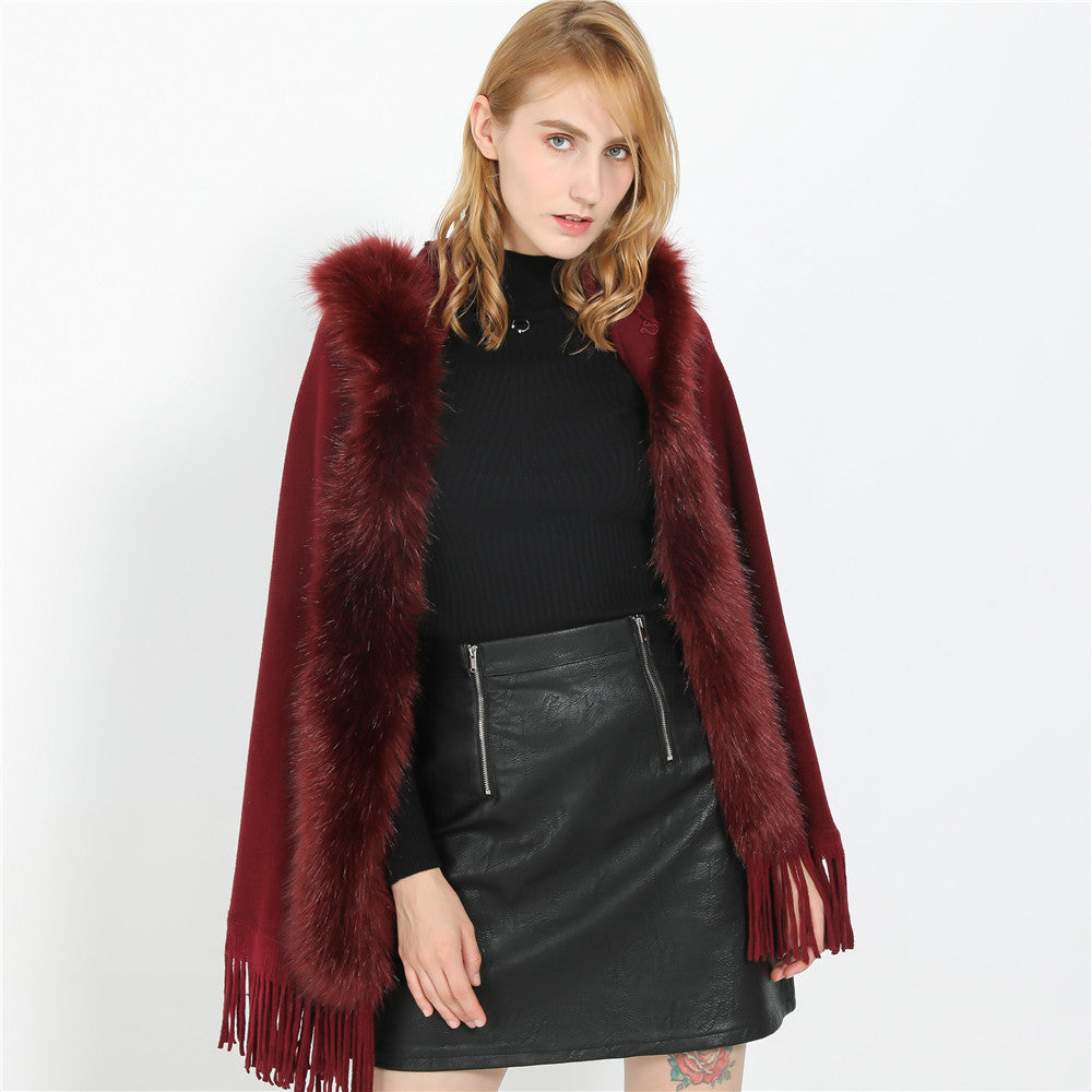 Women's Elegant Wool Blend Cape Poncho with Removable Faux Fur Trim and Fringed Hem Mune Fashion