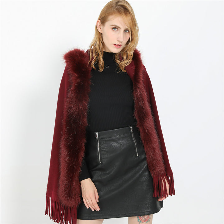 Women's Elegant Wool Blend Cape Poncho with Removable Faux Fur Trim and Fringed Hem Mune Fashion
