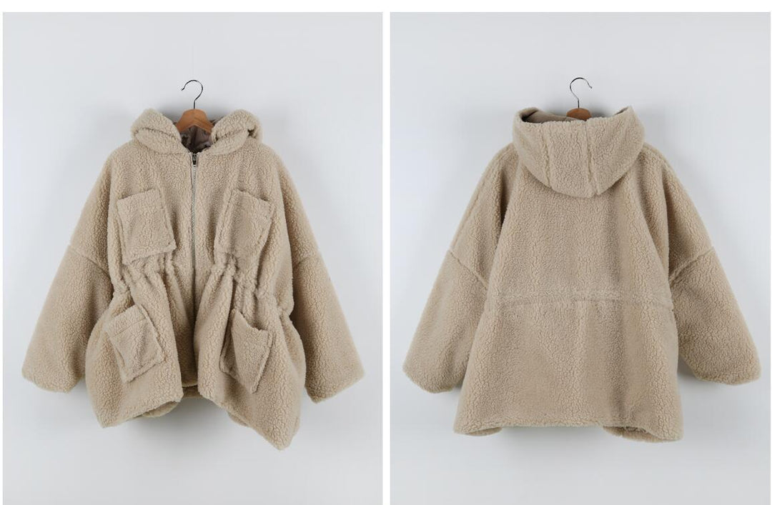 Women's Short Oversize Teddy Fleece Coat Style Jacket with High Standing Collar, Drawstring and Large Patch Pockets Mune Fashion