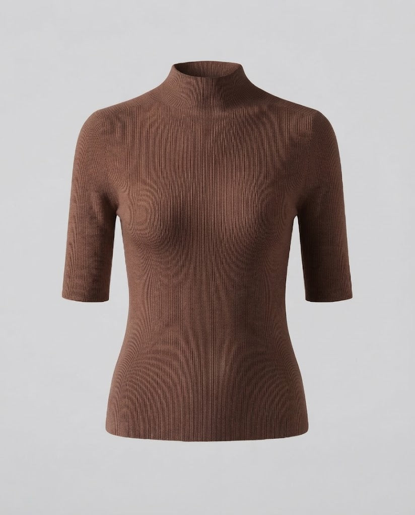 Women Half Sleeve Fine Knit Sweater with Short Stand Collar and Fitted Cut Mune Fashion
