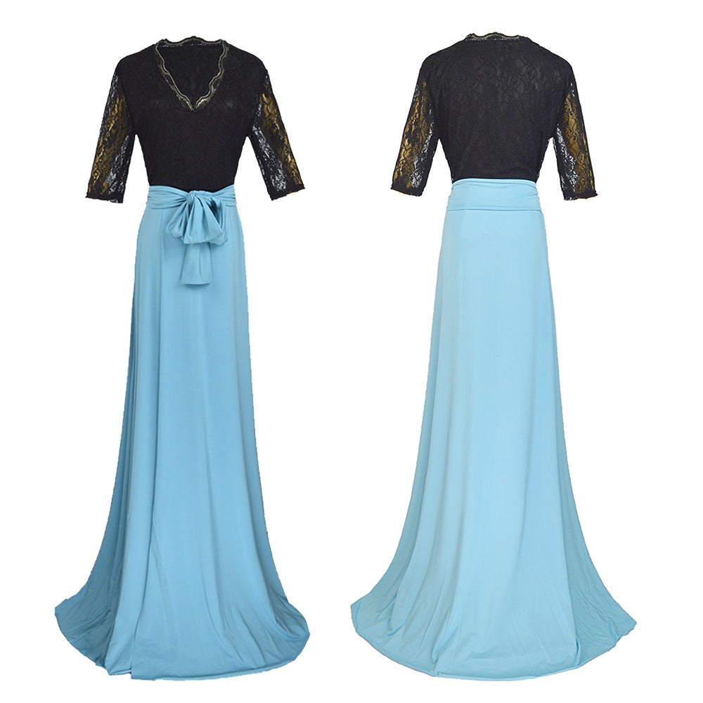 Women Two-Piece Evening Dress with Lace Corset, V-Neck & Maxi Skirt with High Slit Mune Fashion