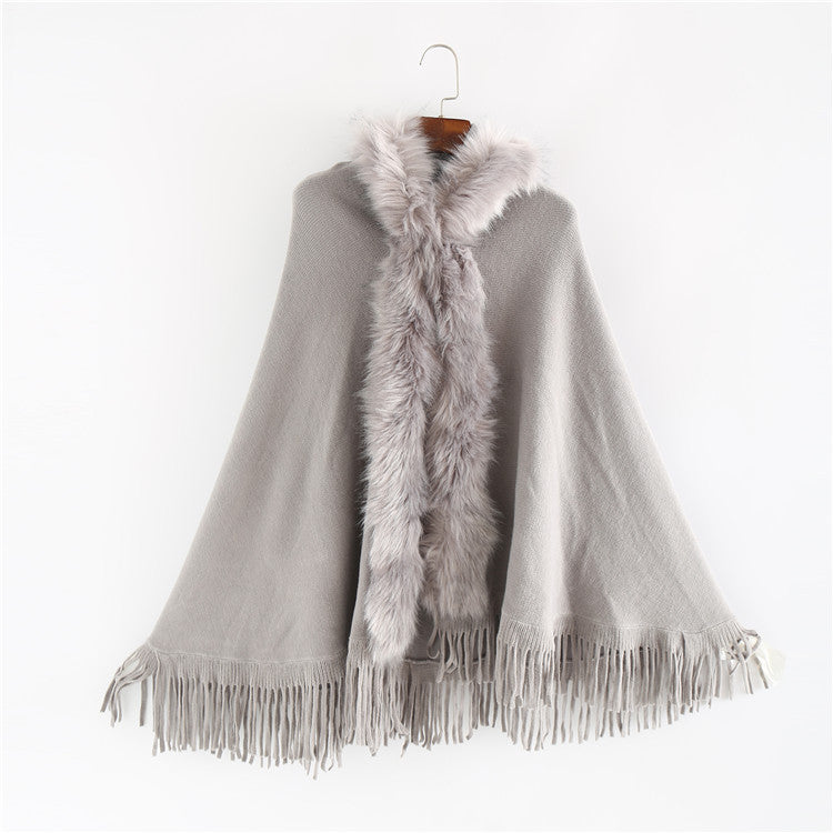 Women's Elegant Wool Blend Cape Poncho with Removable Faux Fur Trim and Fringed Hem Mune Fashion