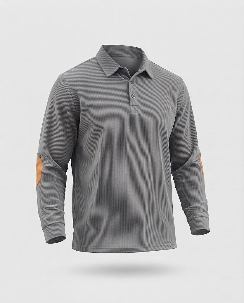 Men's cord polo shirt with texture, long sleeves and elbow patches Mune Fashion