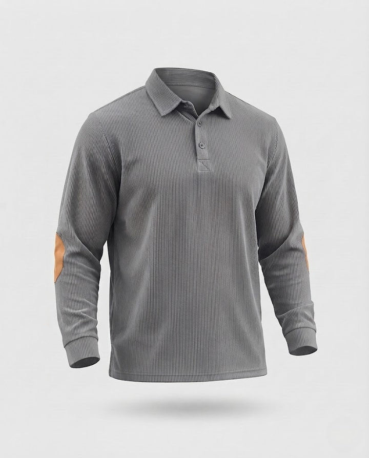 Men's cord polo shirt with texture, long sleeves and elbow patches Mune Fashion