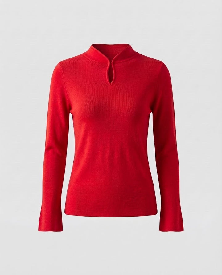 Ladies fine knit long sleeve with short stand-up collar slit button and flared sleeve hem Mune Fashion