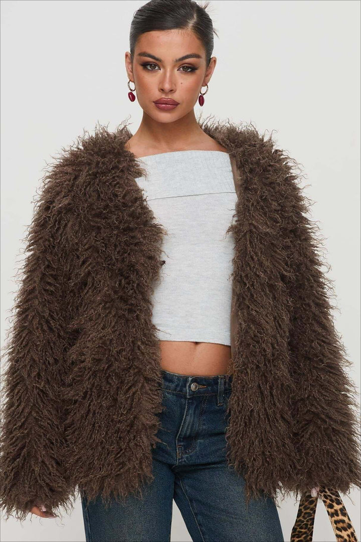 Mune | Fluffy Brown Faux Fur Oversized Jacket