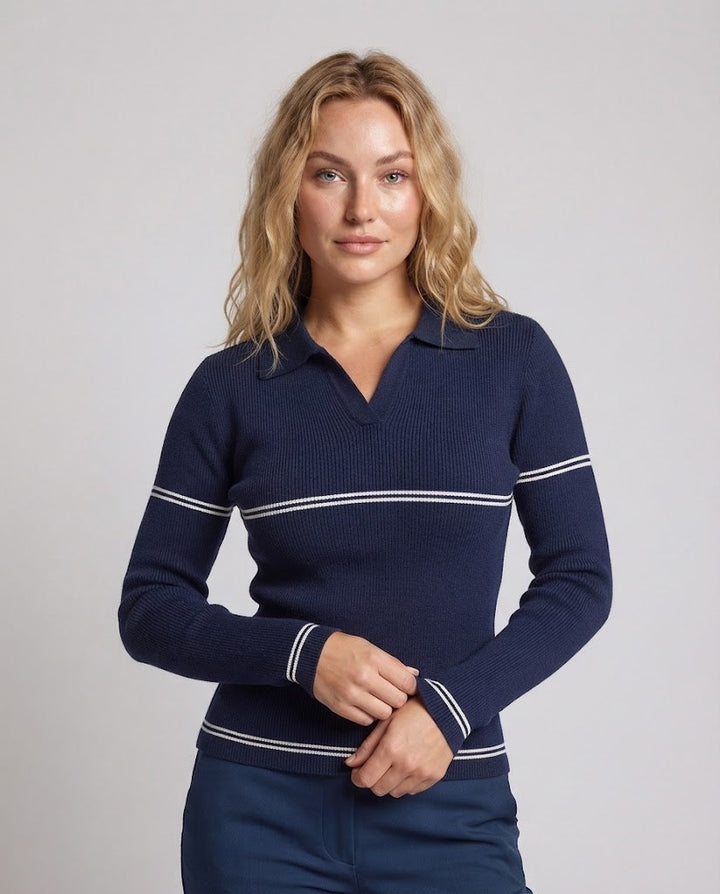 Women's fine knit polo with contrast stripes and narrow rib structure Mune Fashion