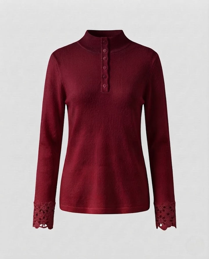 Women Fine Stand Collar Sweater with Decorative Button Placket and Lace Cuffs Mune Fashion