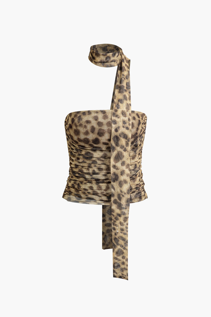 Mune | Halterneck Top In Mesh with Leopard Print