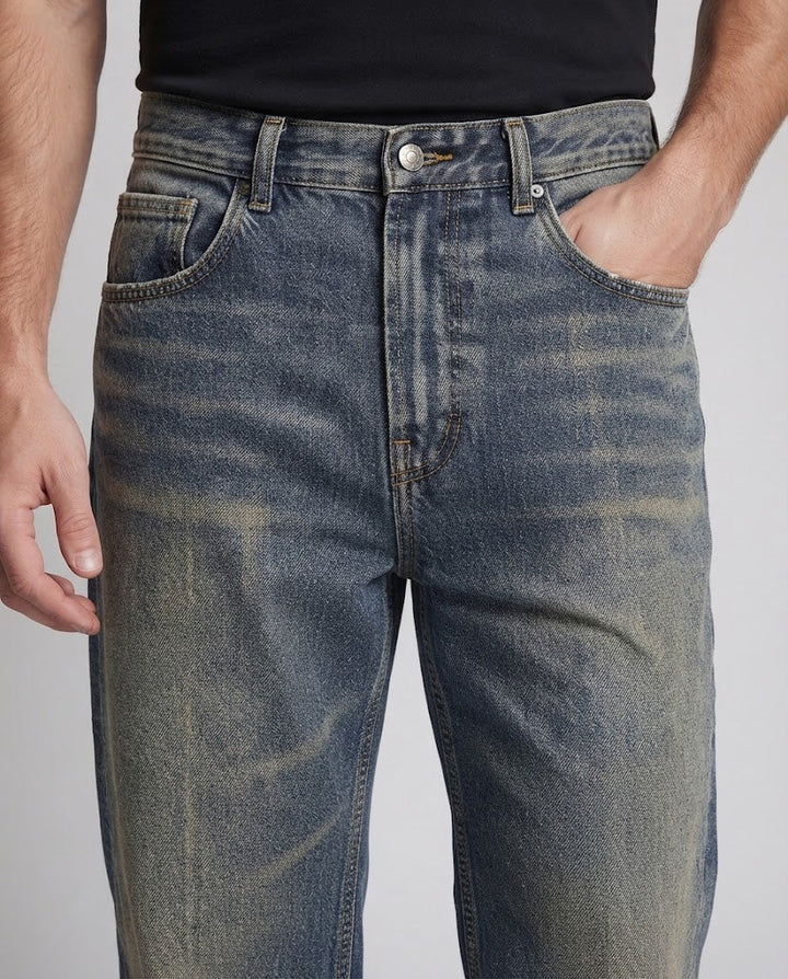 Men's baggy denim pants in retro straight look with soft used effects Mune Fashion