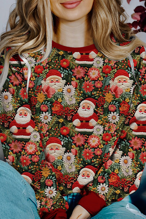Mune | Printed Christmas Contrast Color Long Sleeve Pullover Sweatshirt