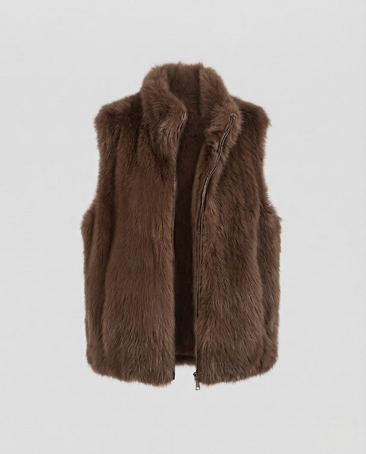 Women's Reversible Faux Fur Quilted Vest with Teddy Collar and Checkered Outer Material Mune Fashion