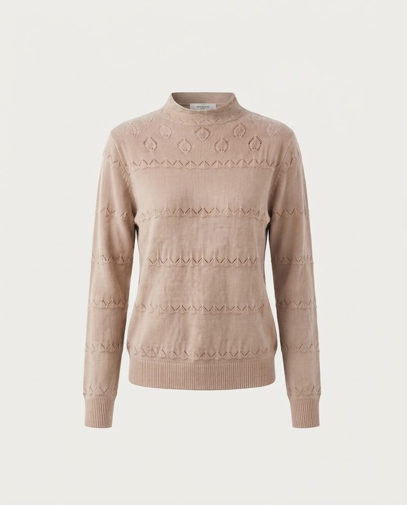 Ladies fine knit pullover with subtle lace stripe and short stand-up collar Mune Fashion
