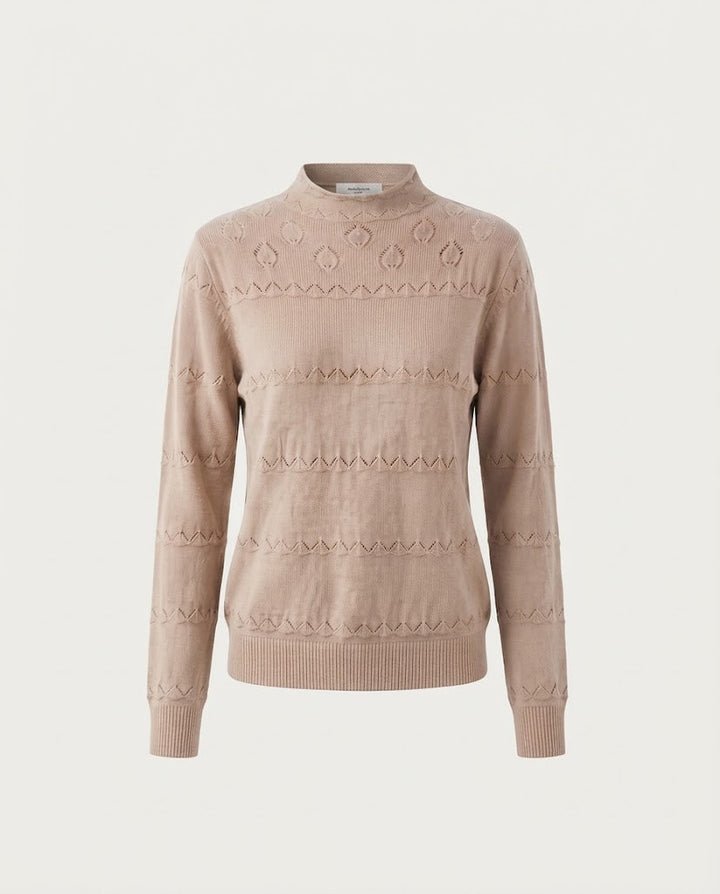 Ladies fine knit pullover with subtle lace stripe and short stand-up collar Mune Fashion