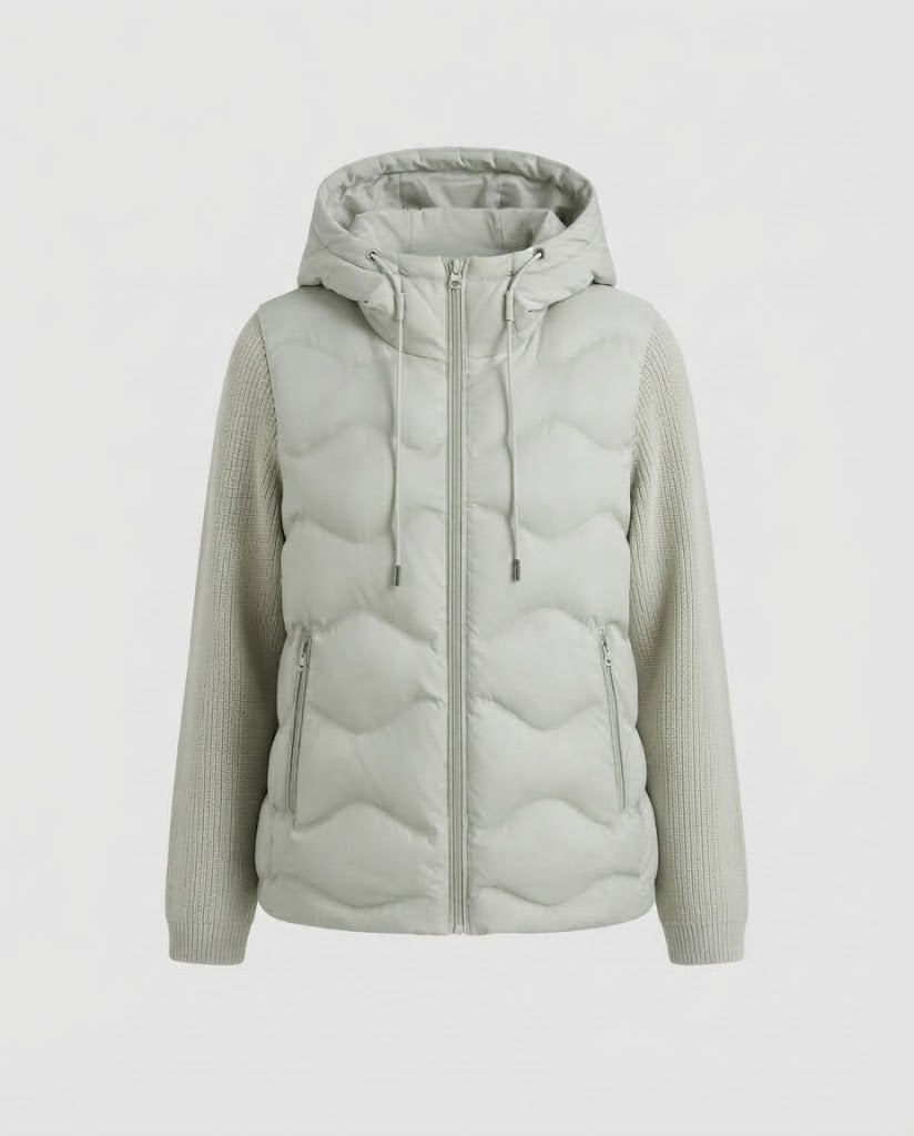 Women's hybrid quilted jacket with hood, quilted thermal front & knitted sleeves Mune Fashion