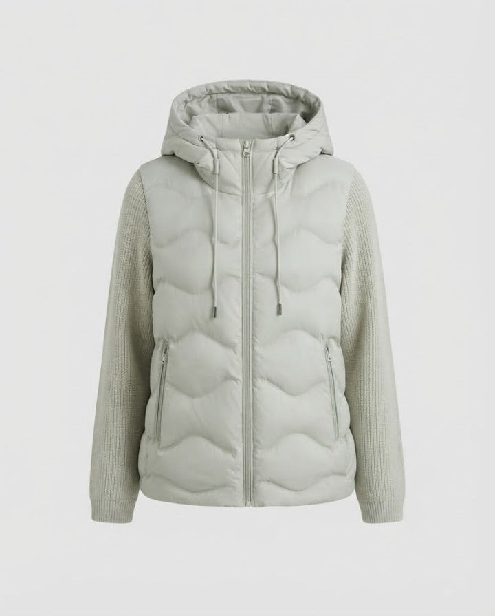 Women's hybrid quilted jacket with hood, quilted thermal front & knitted sleeves Mune Fashion